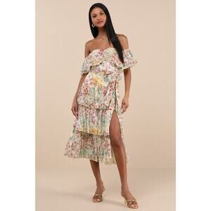Lulus Cream Multi Floral Tiered Off-the-shoulder Midi Dress White NEW W TAGS